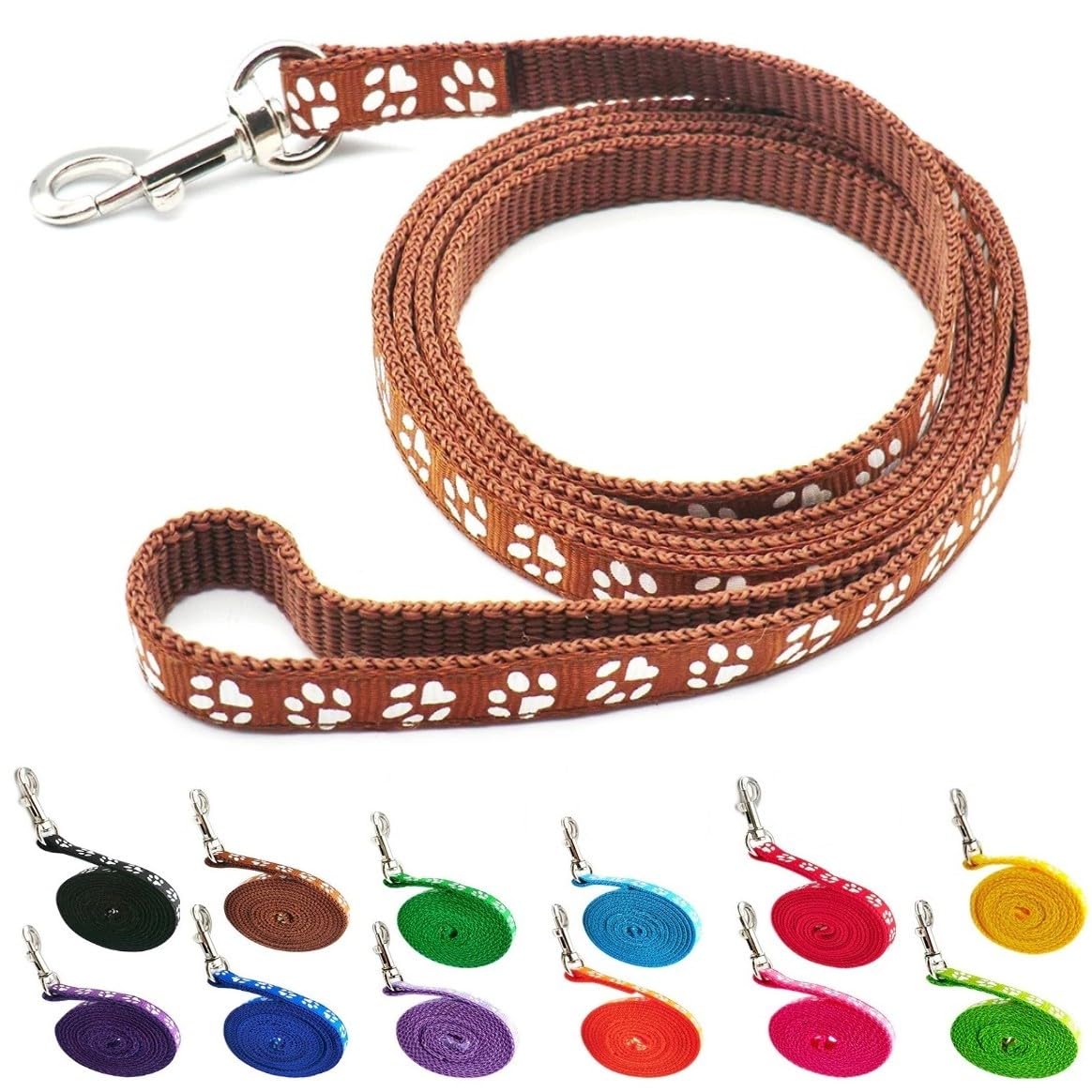 Small Dog Puppy Pet Cat Kitten Lead Pawprint Design Lightweight Nylon Metal Clip 120cm Leash Brown