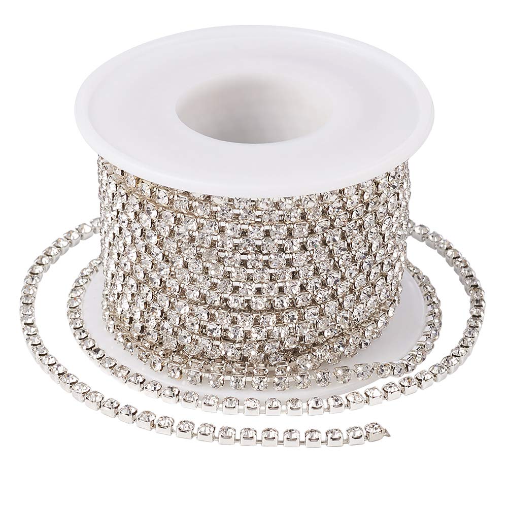PandaHall 10 Yards/Roll 2.8mm Crystal Rhinestone Diamante Chain SS12 Silver Base Trimming Sewing Stone Beads String