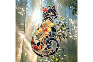 XISZYS Cat Lovers Christmas Ornament Black Cats Suncatcher with Flowers Design Window Hanging Acrylic Stained Glass Effect Art Boho Garden Decor Unique Gift for Mom Thanksgiving