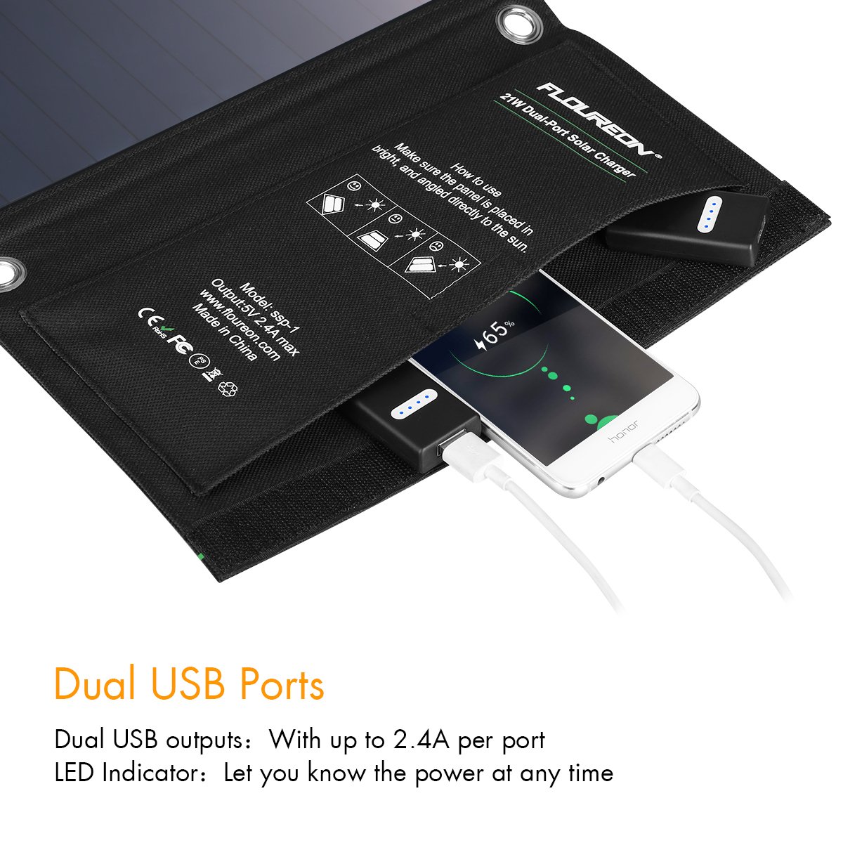FLOUREON Solar Charger 21W Solar Panel with Triple USB Ports Waterproof Foldable for Smartphones Tablets and Camping Travel