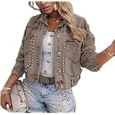 Tbahhir Women Rivet Studded Denim Jacket Long Sleeve Casual Y2k Trendy Short Cropped Tops Jean Trucker Coat