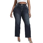 Gocolloa Plus Size Jeans for Curvy Women Straight Leg Stretchy High Waisted Casual Loose Denim Pants with Pockets