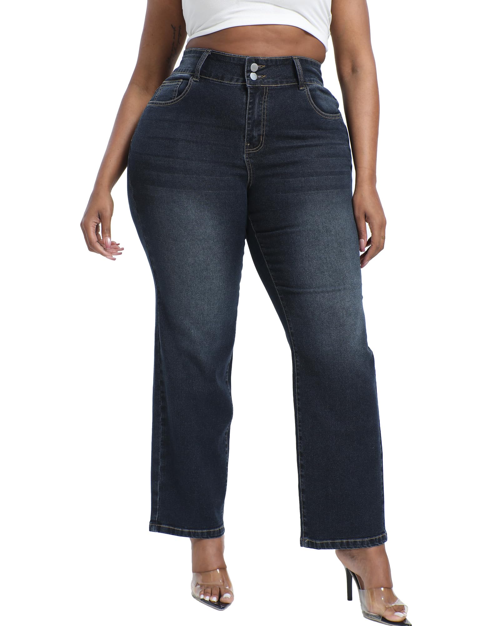 Photo 1 of Gocolloa Plus Size Jeans for Curvy Women Straight Leg Stretchy High Waisted Casual Loose Denim Pants with Pockets Deep Blue 26W