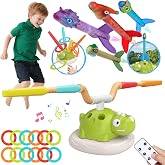 3-in-1 Dinosaur Rocket Launcher for Kids, Outdoor Ring Toss &amp; Jump Game Set | Combines foot-powered rocket launch, jumping play, and ring toss for active backyard, party, and rainy-day indoor fun