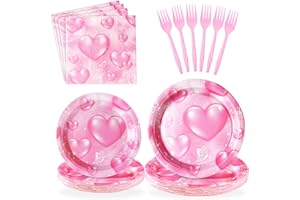 Grencian 96Pcs 2000s Party Decorations Pink Heart Plates and Napkins Disposable Y2k 90s Pink Heart Paper Tableware Set for Birthday Wedding Baby Shower Y2K Party Supplies, Serves 24