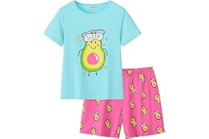 UNICABBIT21 Summer Pajamas for Girls Big Kids Cute Cartoon Soft Nighty Sleepwear 2-Piece Short Sleeve Set Size 6-16