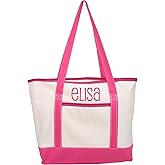 Threadart Personalized with Embroidery Large 100% Cotton Natural Canvas Tote Bag With Hot Pink Handles - 18.5"x11.5"x5.5" - 14 oz Canvas - For Women, Shopping, Beach, Getaways, Gifts