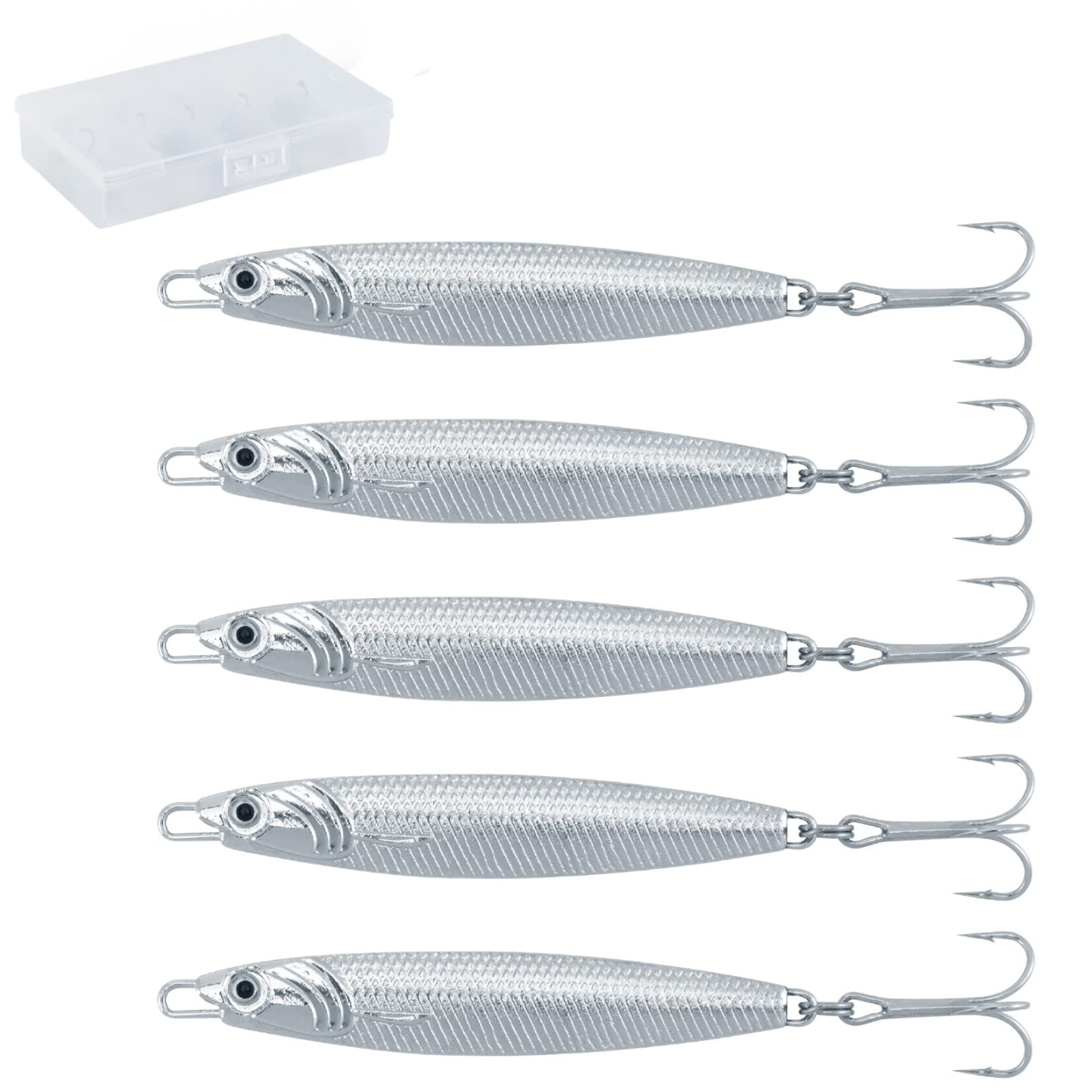 Dr.Fish Metal Sea Fishing Lures Silver Minnow Spoon Lures Set of 5 Sea Fishing Tackle Mackerel Cod Sea Bass Pike Stinger Spinner Lures Metal Jigs 30g