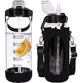 Seekua 64 oz Glass Water Bottle with Straw and Time Marker, Half Gallon Large Motivational Borosilicate Glass Drinking Bottle with Silicone Boot and Sleeve