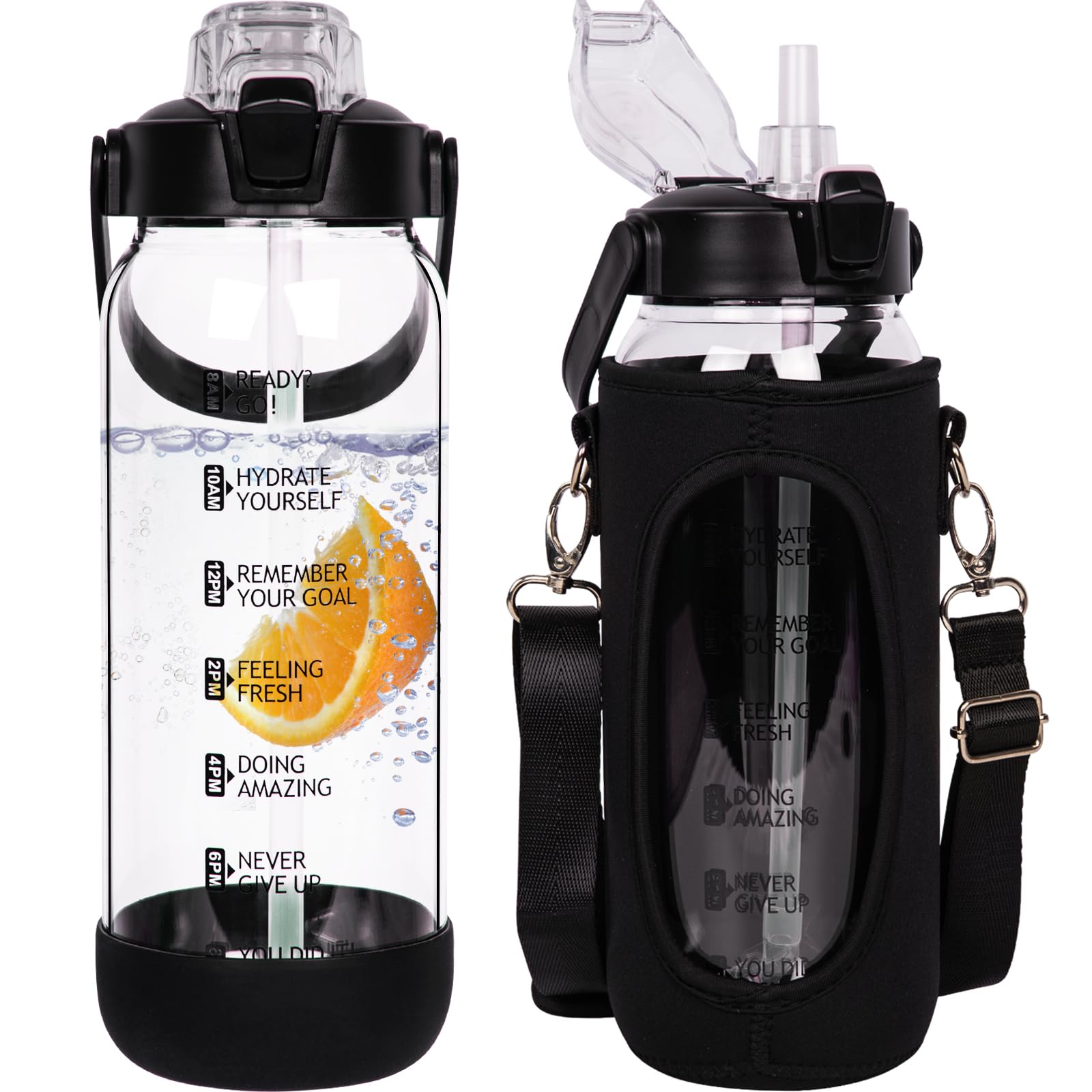 Seekua 1.5l Glass Water Bottle with Straw & Motivational Time Markings 1.5 litre Large Leakproof Gym Drinking Bottle