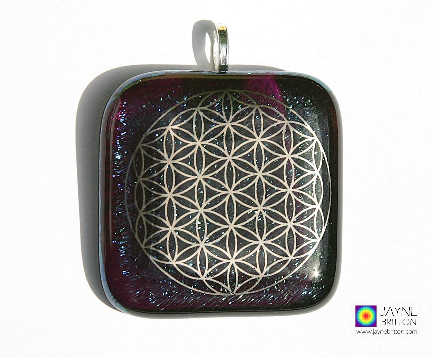Flower of Life pendant, iridescent, sparkling glass, statement necklace, fused glass, sacred geometry jewelry, peacock, sparkling mermaid