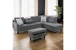 GlasFlength L Shaped Sectional Sofa with Ottoman, Nail-Head Design Linen Right Facing Modern Couches with Cup Holder for Living Room, Bedroom, Office