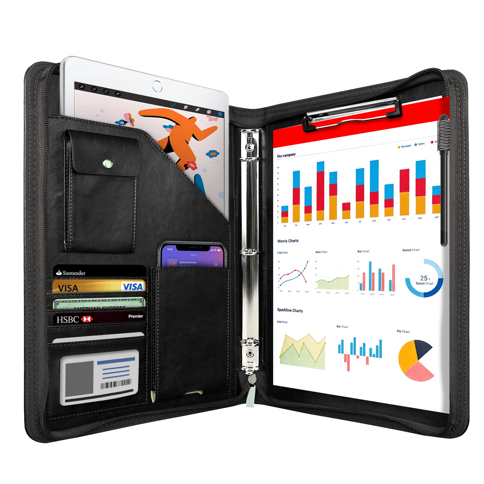 WRIYES Zipped Portfolio Folder A4, Leather Padfolio with 3 Ring Binder, Professional Conference Folder, Personal Work Organiser, Travel Document Holder (Black)