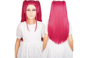 LABEAUTÉ Long Pink Braids Cosplay Wig with Yellow Bow Hairpin for Girls Anime Braided Hair for Csm Halloween Party Hair + Cap (Long Rose Red Cosplay Wig)