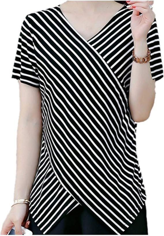 Amazon Co Jp シャツ レディース Vネック ストライプ柄 Tシャツ 半袖 おしゃれ 着痩せ 体型カバー ゆったり トップス ゆったり カジュアル シンプル オフィス 夏服 春物 通勤 デート 普段着 Ol 上品 フォーマル 代30代40代 春 秋 年中使え 服 ファッション小物