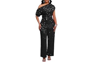 VERWIN Women's Sequin Jumpsuit Elastic Ruffle One Shoulder Wide Leg Sparkly Party Cocktail Romper