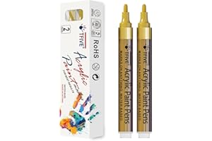 TFIVE Gold Paint Marker Paint Pens - 2 Pack Acrylic Permanent Marker, 2-3mm Medium Tip, Paint Pen for Art Projects, Drawing, Rock Painting, Ceramic, Glass, Wood, Plastic, Metal, Canvas DIY Crafts