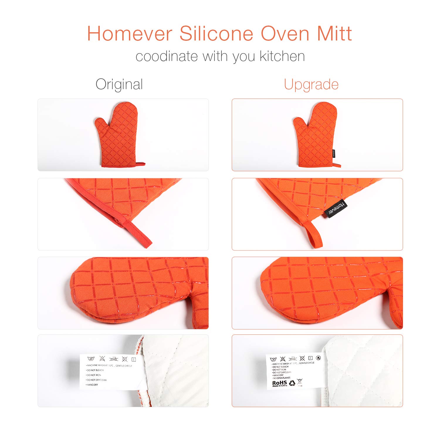 Homever Ofenhandschuhe,Hitzebeständige Handschuhe bis zu 260℃,Silikon Anti-Rutsch Grillhandschuhe, Geeignet für Kochen, Backen, Grillen,Topfhandschuhe,Orange,1 Paar