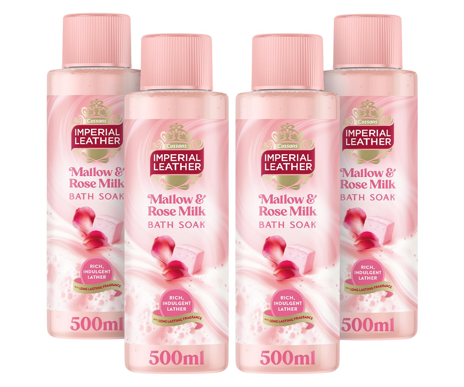 Imperial Leather Pampering Bath Soak, Mallow and Rose Milk, Rich and Creamy Bubble Bath, Gentle Skin Care, Bulk Buy, Pack of 4 x 500 ml