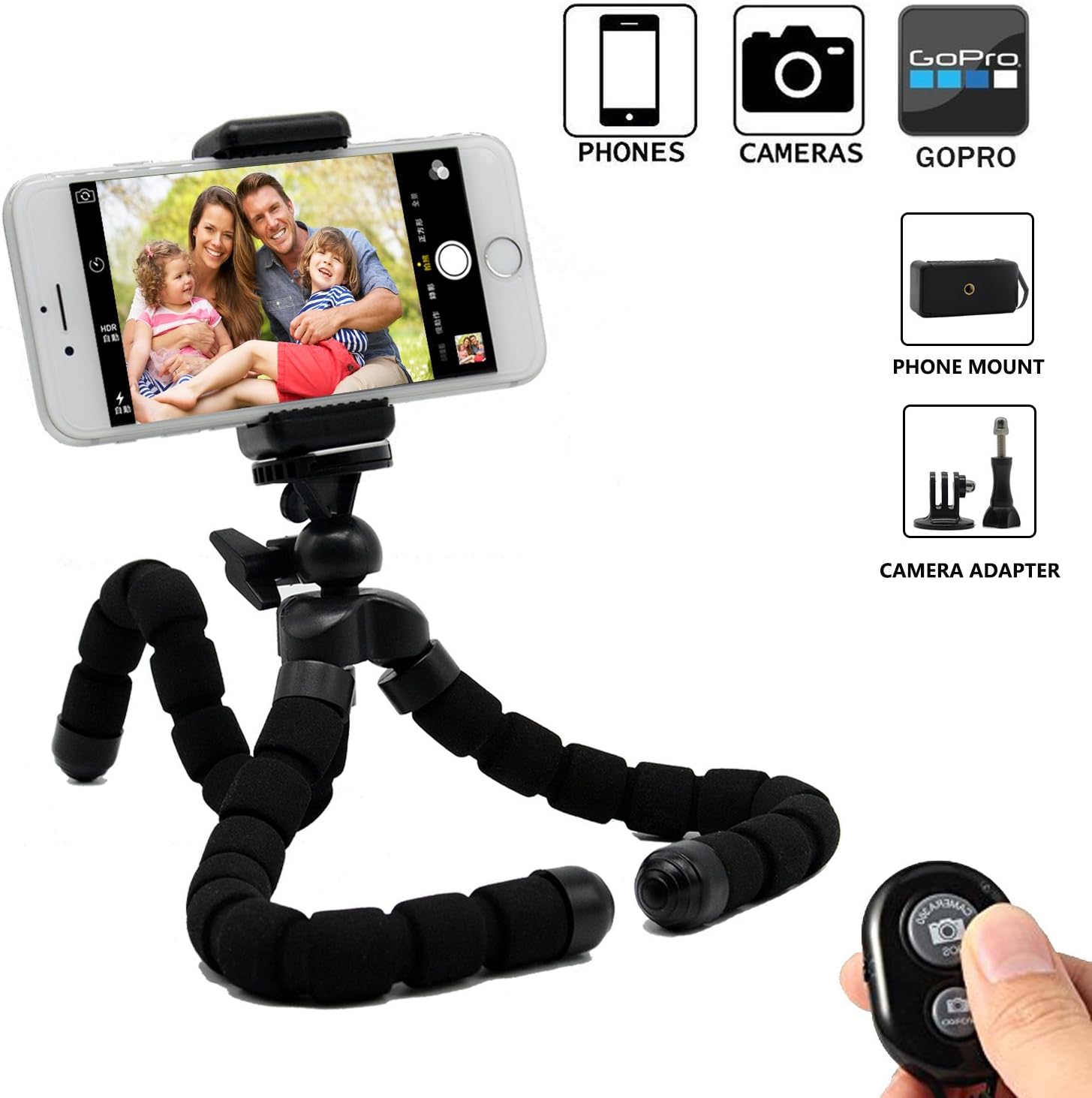 Phone Tripod, Yocuby Flexible Octopus Style Phone Camera Holder Mount Stand with Bluetooth Remote Shutter for iPhone Samsung Smartphones,Canon Nikon Sony Digital Cameras,Black