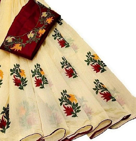 Womens Chanderi Cotton Embroidery Work Sari Saree With Blouse Piece For Women