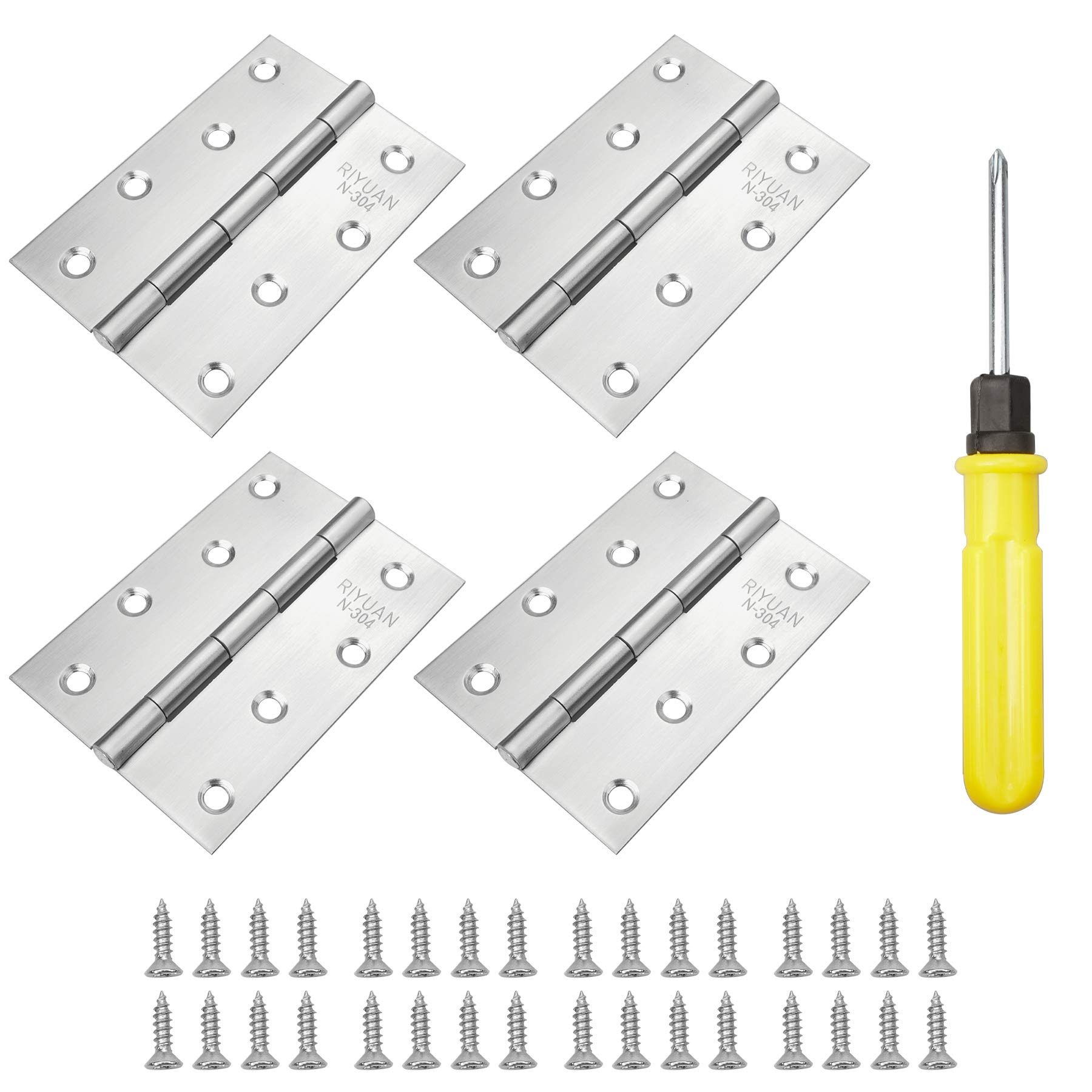 YSDMY 4 Pcs Timber Door Hinges(4Inch),100mm Stainless Steel Garage Goor Hinges, Fold Butt Hinges with Screws and Screwdriver, Perfect Furniture Hardware Accessories for Wood Doors(Thickness 1.3 MM)