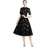 LAI MENG FIVE CATS Women's Lace Hollow Short Sleeve Crochet Waist Embroidy Cocktail Midi Dress