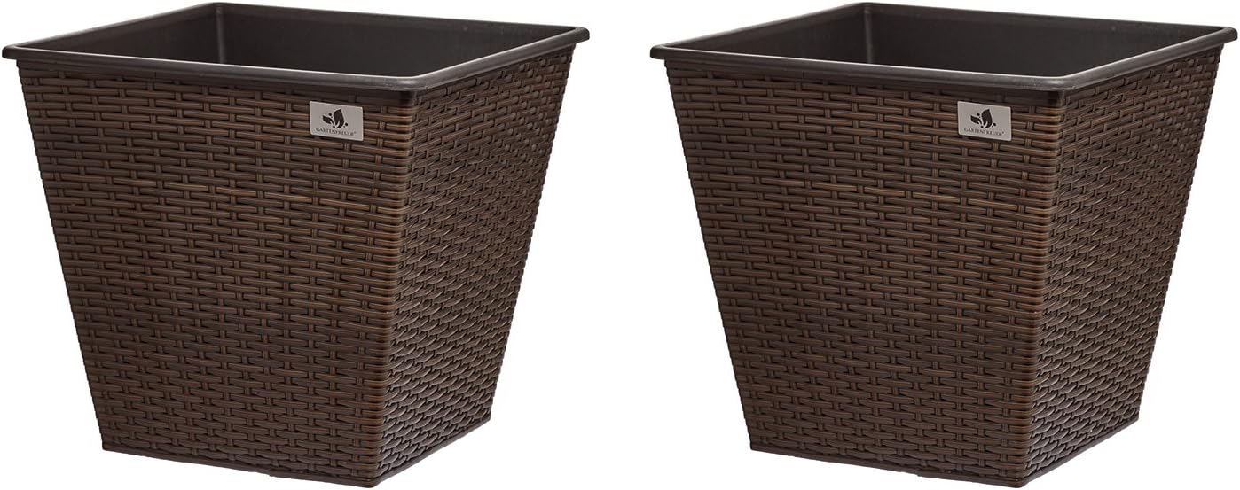 Gartenfreude 4000-1067-022 41.5 x 41.5 x 38 cm Poly Rattan Water Proof Plastic Planter - Bi-Colour Brown (Set of 2)