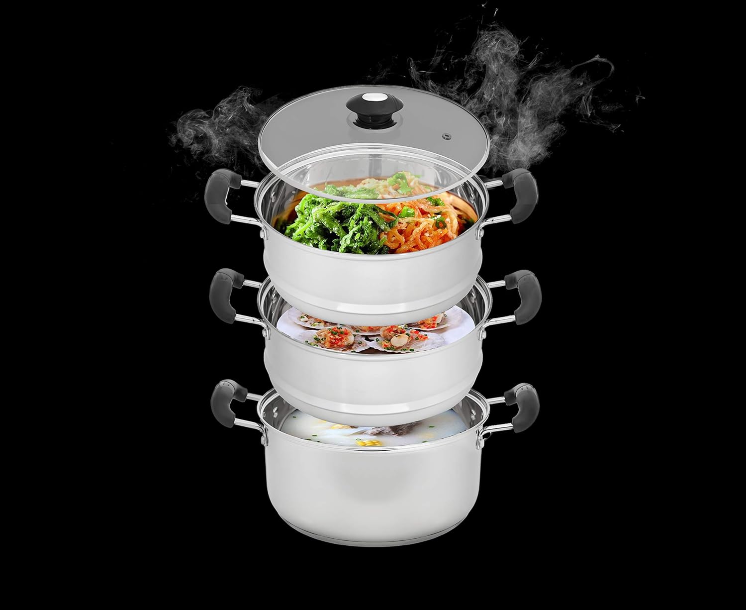 CONCORD 10" Stainless Steel 3 Tier Steamer Steaming Pot Cookware 24 CM (Induction Compatible): Kitchen & Dining