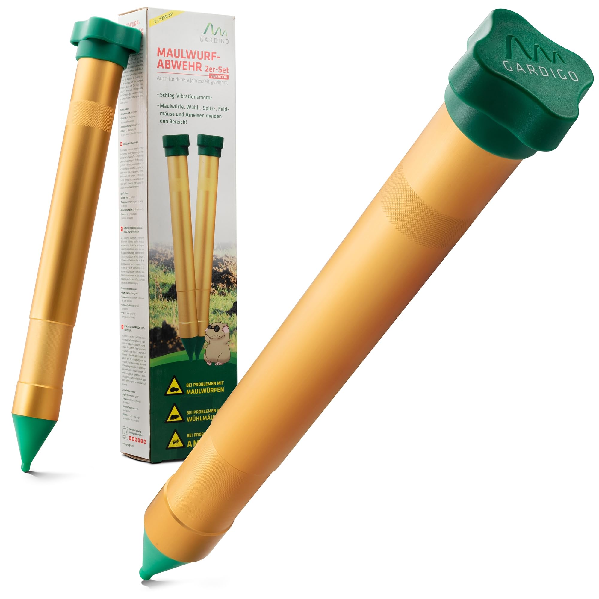 GARDIGO® Vibrasonic Mole Repellent - Set of 2 | Mole Deterrent with Vibration Motor | Variable Frequencies | Approx. 1250 m² Coverage | Vole & Ant Repeller for Garden | Battery Operated