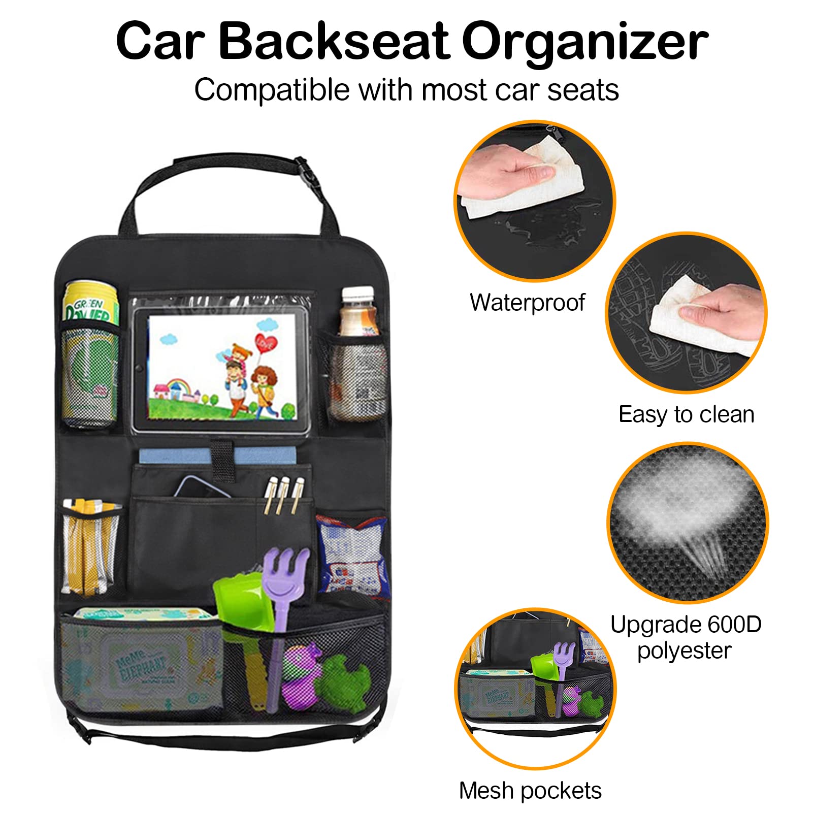 Car Storage Organizer 2 PCS,Car Backseat Organizer for Kids Durable Waterproof Oxford Fabric with Touchable Tablet Holder 8 Mesh Pockets and 2 Pockets for Snacks Toys,Car Travel Accessories
