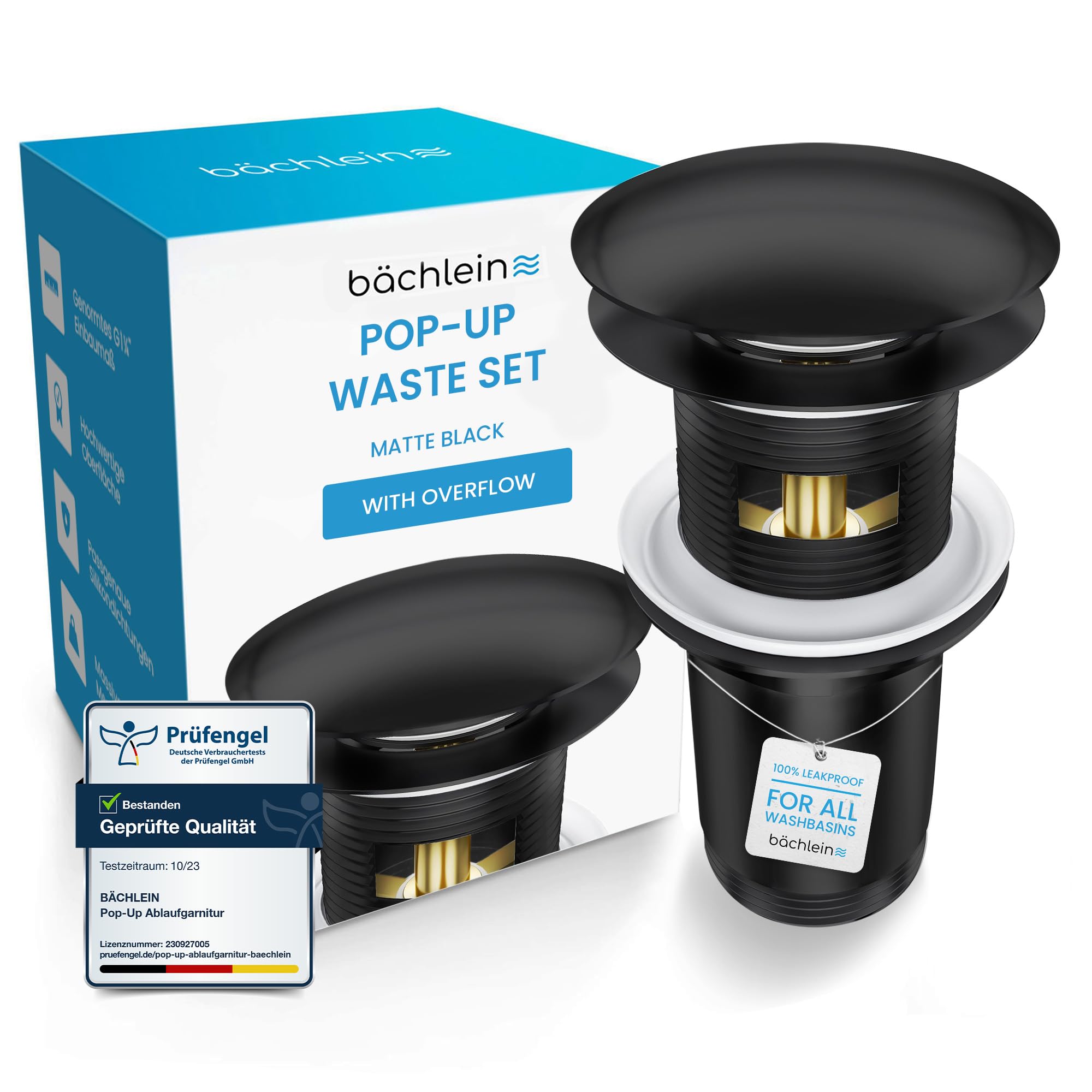 Bächlein Universal Drain Set with Overflow (Matt Black) - Brass Drain Valve Drain Set - Installation with Instructions — image 1