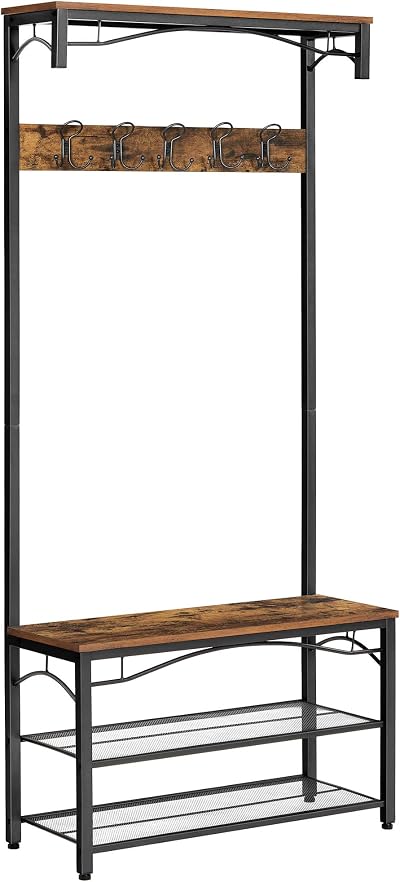 VASAGLE Coat Rack Hallway Cabinet with Top Board Bench Shoe Rack 5 Hooks
