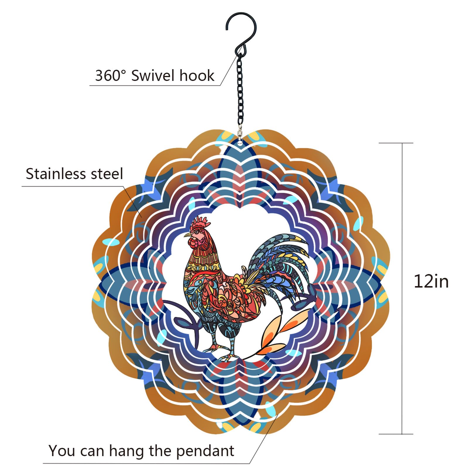 Rooster Metal Wind Spinners - Chicken Gifts for Women Mom Men Dad Grandpa,Hanging Wind Spinner for Outdoor & Indoor Decorations, 12 inch for Ornament Gifts