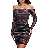 ABMOIU Women's Sexy Off Shoulder Long Sleeve Mini Dress Party Club Ruched Print Bodycon Dresses