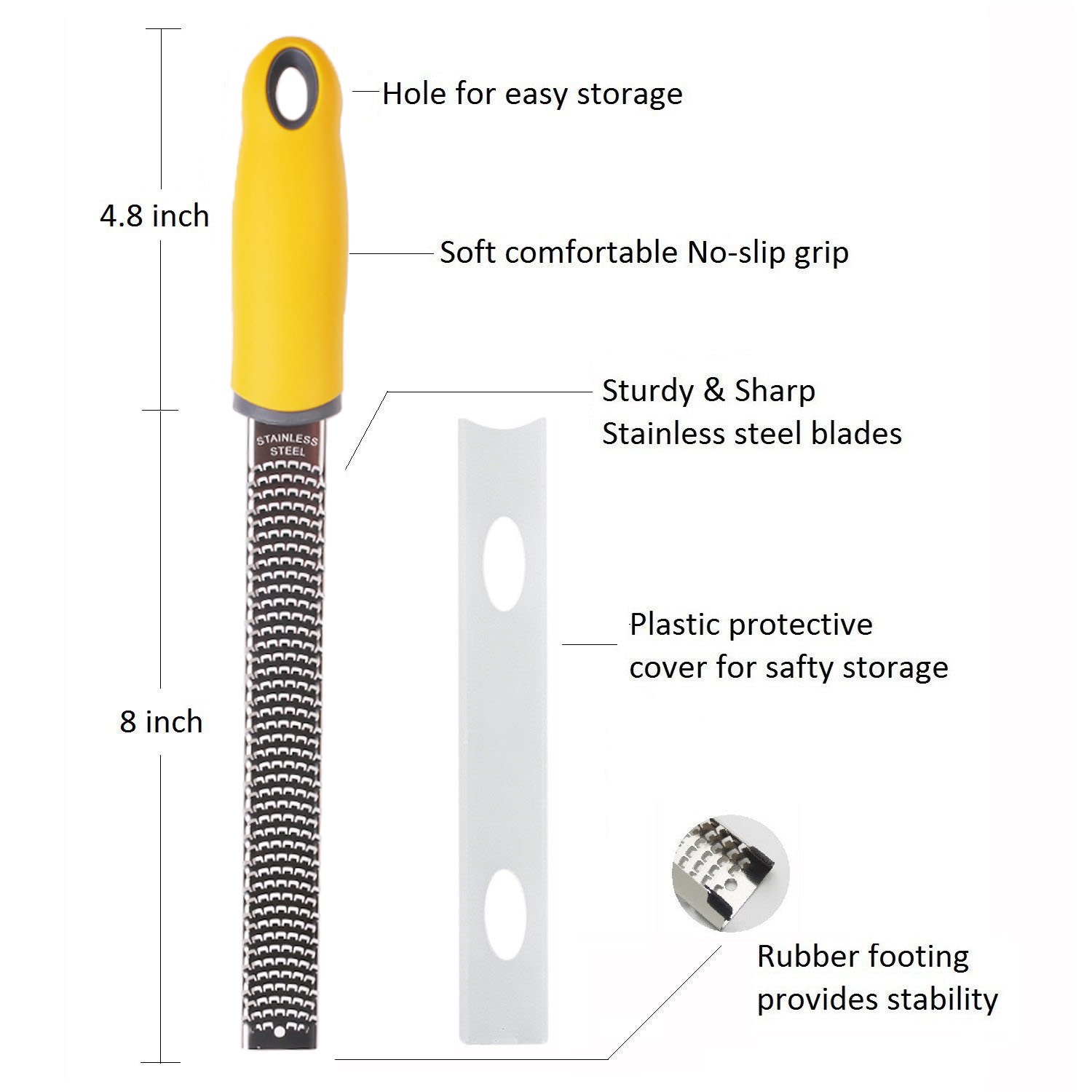 Professional Kitchen Cheese Grater Handheld Dishwasher Safe Stainless Steel Lemon Zester Plate with Protective Cover (Yellow)