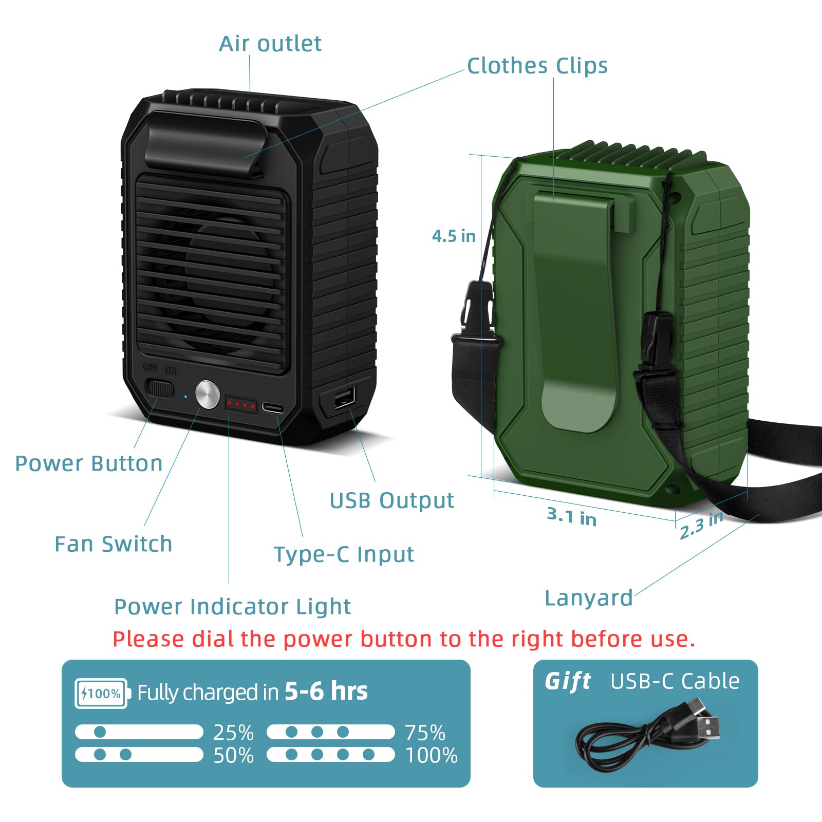 CIVPOWER Portable Waist Clip Fan, 10000mAh Battery Personal Hands-free Belt Fan, 3 Speeds, Body Fan for Outdoor Works, Farm, Hiking, Camping, Gardening, Travel