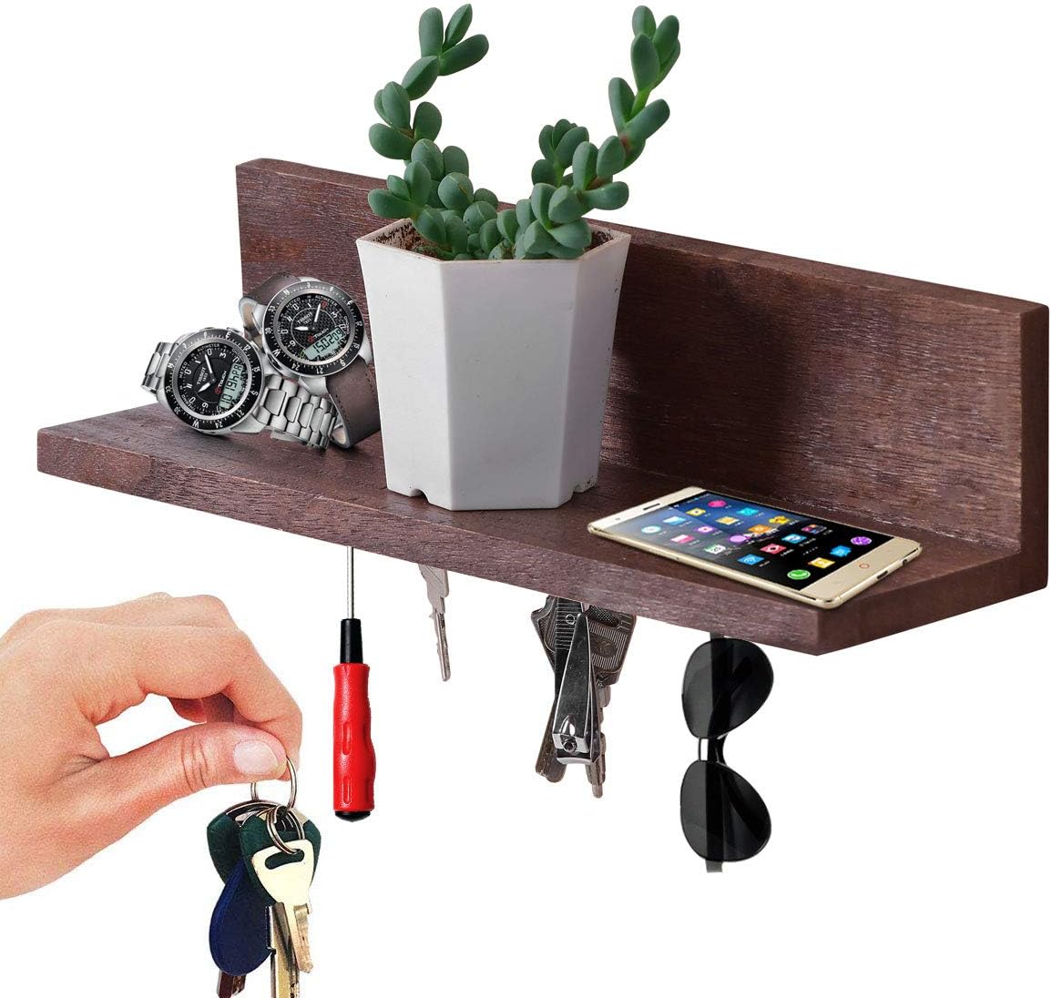 Wood Key Holder and Decorative Shelf for Mails Phones Wallets Sunglasses Multifunctional Wall Mounted Rack Organizer Perfect for Entryway Foyer Bedroom Restroom Kitchen
