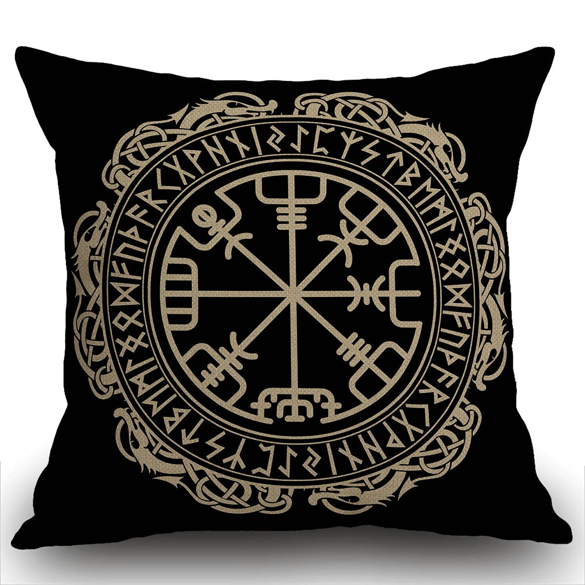 Smooffly Decorative Cushion Cover for Couch Sofa,Black Celtic Viking Design Magical Runic Compass Vegvisir in the Circle of Norse Runes Dragons Tattoo Home Decor Pillow case 18x18 Inch 45x45cm