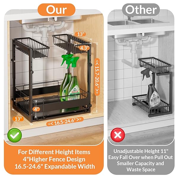 LAYZZI-WAYT EXPANDABLE UNDER SINK ORGANIZER WITH 5-LEVEL HEIGHT ADJUSTMENT,2 TIER UNDER SINK ORGANIZER PULL-OUT UNDER SINK DRAWERS CABINET ORGANIZER FOR KITCHEN & BATHROOM STORAGE,BLACK,LARGE