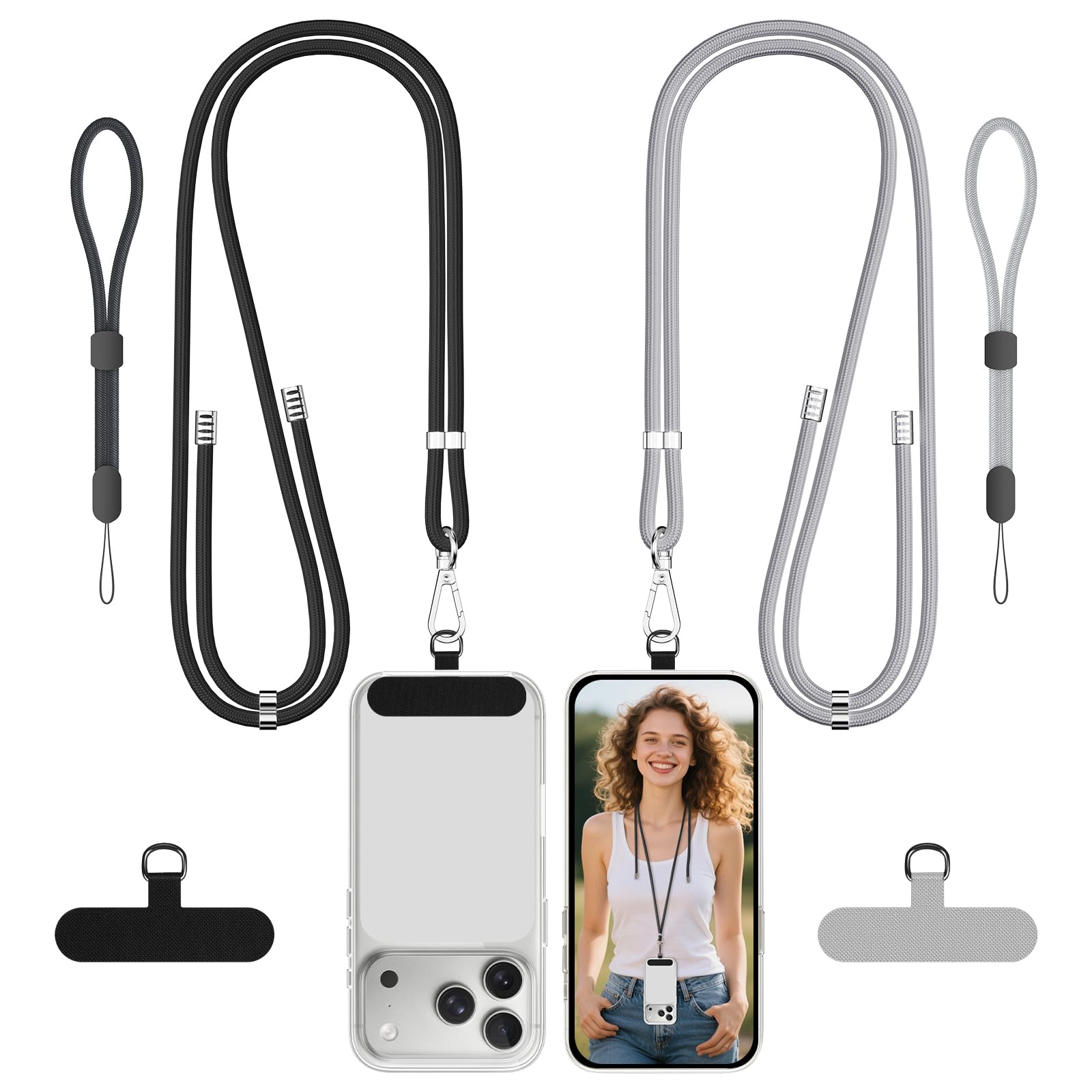 SHANSHUI Phone Lanyard, 2 Pack Crossbody Wrist Nylon Cell Phone Lanyard Around The Neck Anti-Drop Strap with 2 Tether Pads Compatible with iPhone and Most Smartphones - Black Grey