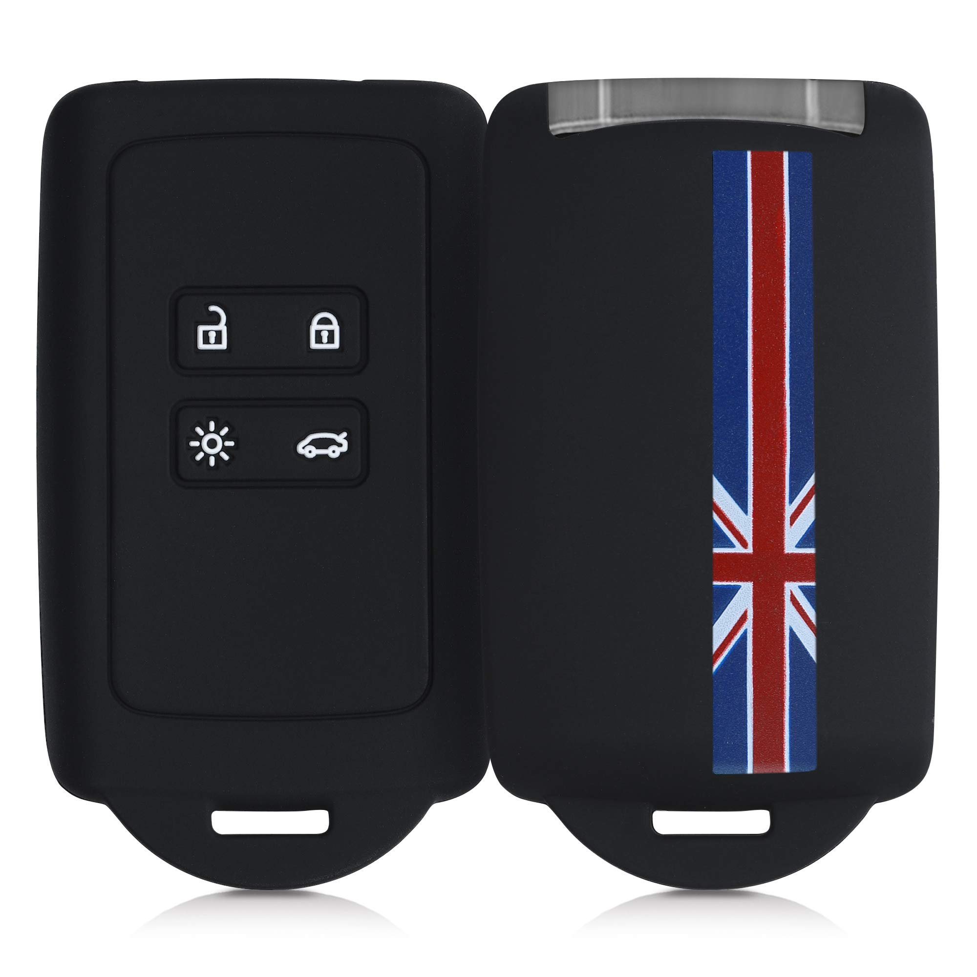 kwmobile Car Key Cover Compatible with Renault 4 Button Car Key Smart Key (only Keyless Go) - Silicone Protective Key Fob Design Cover with Eyelet - Union Jack Red/Blue/Black