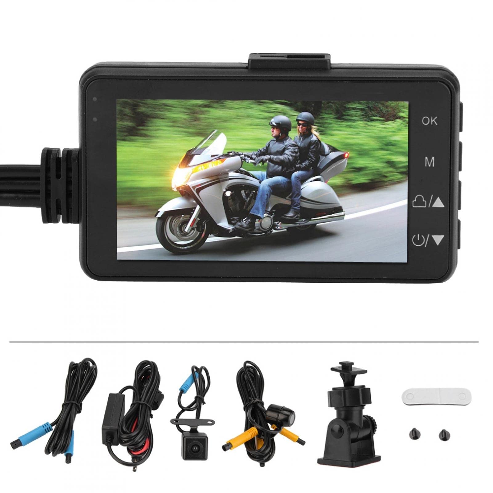 Longzhuo 3" LCD Motorcycle Dash Cam Front & Rear 1080P + 480P, IP68 Waterproof Motorbike Camera with 120 Degrees Wide Angle, Dual Lens Loop Recording, Built-in Mic & UK Power (5V 2A)