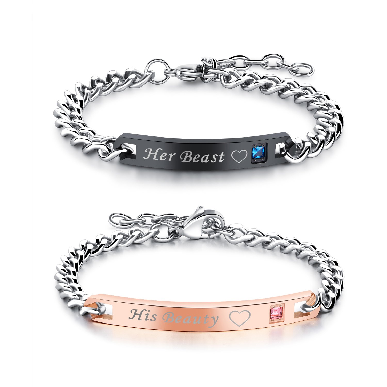 Oidea Stainless Steel His Beauty Her Beast Curb Chain Link Bracelets,Bling CZ Inlaid,Size Adjustable for Couples Valentines Day Gifts