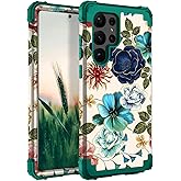 Hocase for Galaxy S23 Ultra Case, Shockproof Heavy Duty Hard Plastic+Soft Silicone Rubber Bumper Hybrid Dual-Layer Protective Case for Samsung Galaxy S23 Ultra 6.8" 2023 - Teal Flowers