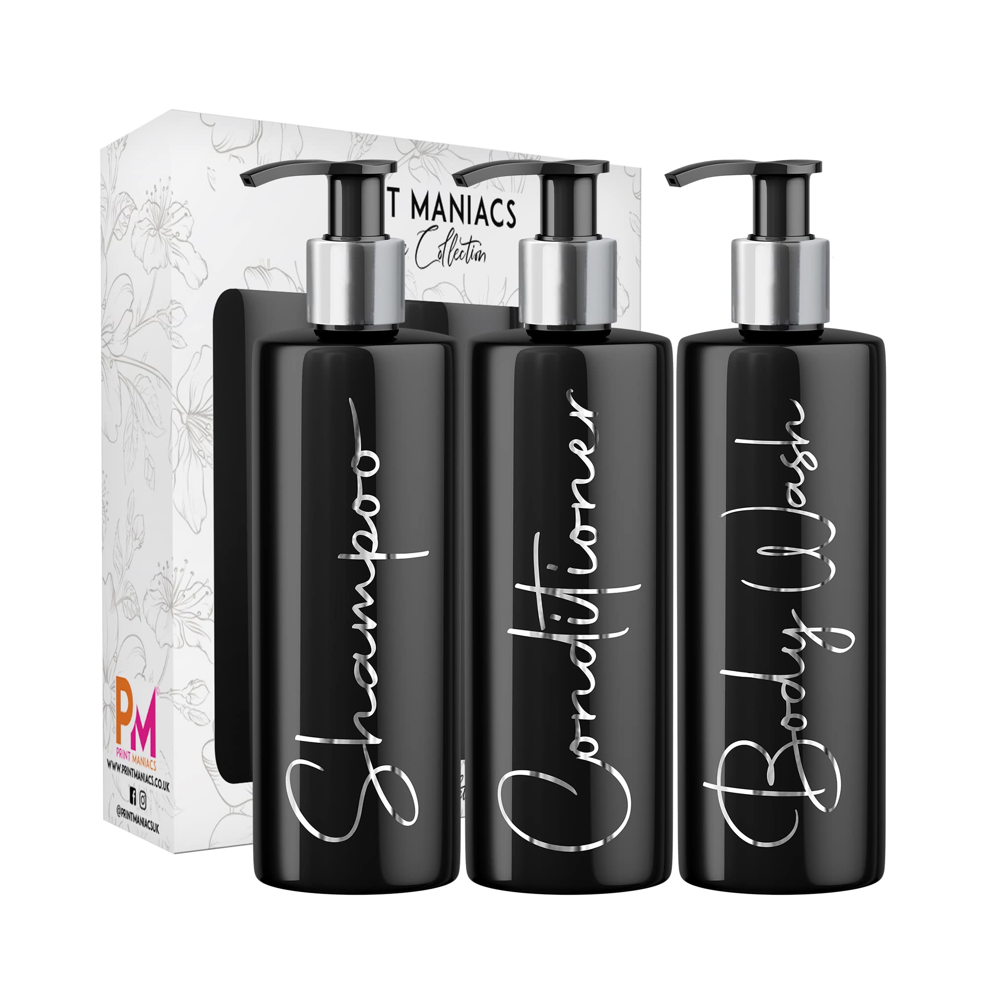 Print Maniacs Mrs Hinch Inspired Black Personalised Dispenser Silver Pump Bottles Set 3 (SILVER, F2)