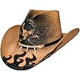 BULLHIDE Straw Collection Men's Dangerous Toyo Straw Cowboy Hat With Painted Skull And Flames, 3 1/2" Brim
