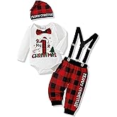 AMAWMW My First Christmas Baby Boy Outfit Infant 1st Christmas Romper Red Plaid Suspender Pants Hat Newborn Clothes Sets