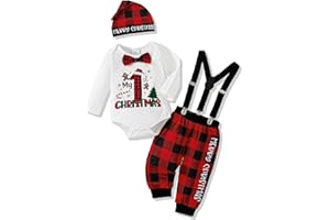 AMAWMW My First Christmas Baby Boy Outfit Infant 1st Christmas Romper Red Plaid Suspender Pants Hat Newborn Clothes Sets