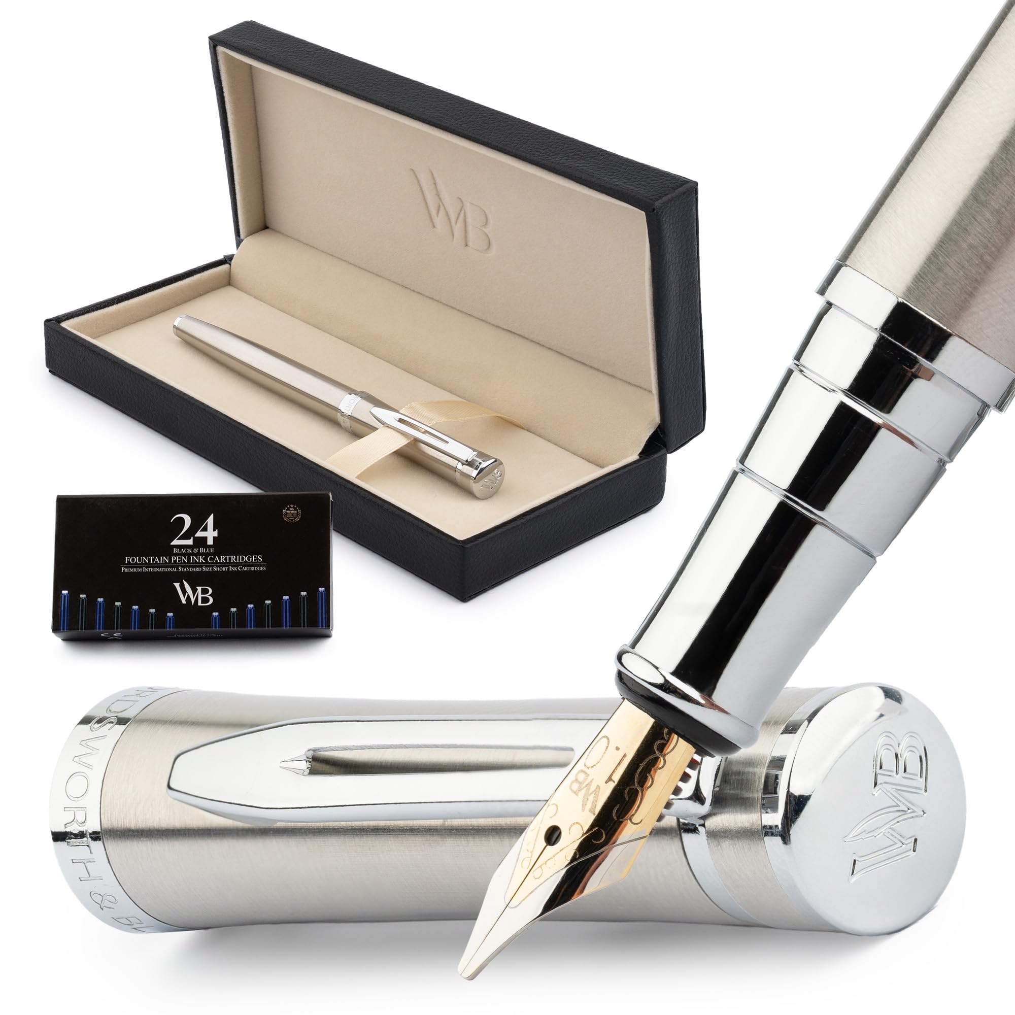 Wordsworth & Black Fountain Pen Set, Broad Nib, Includes 24 Pack Ink Cartridges, Ink Refill Converter & Gift Box, Chrome Finish, Calligraphy, [Silver Chrome], Perfect for Men & Women